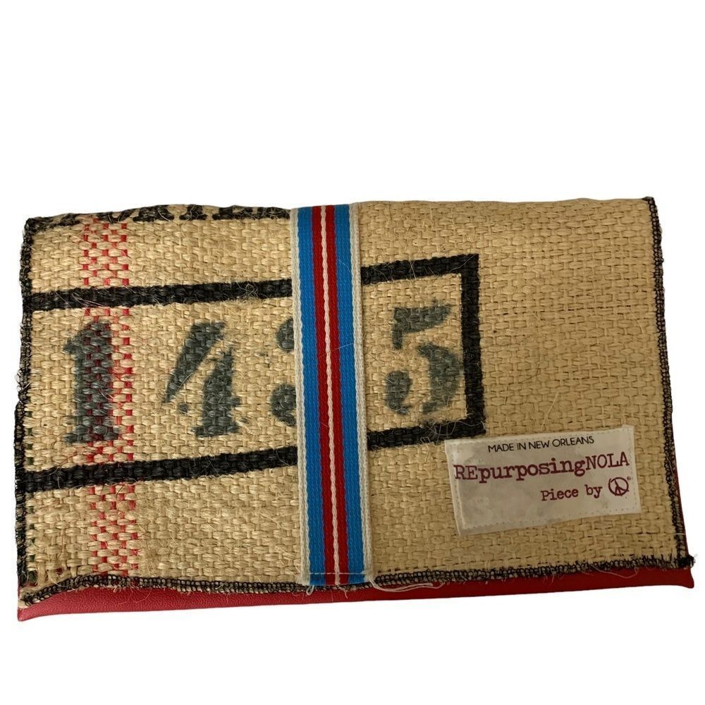 REpurposingNOLA Clutch Tan Red Womens Repurposed Burlap Upcycled Boho‎